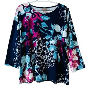 Chico’s 2 Women’s Floral Blue 3/4 Sleeves Blouse Sz Large Lightweight Tropical